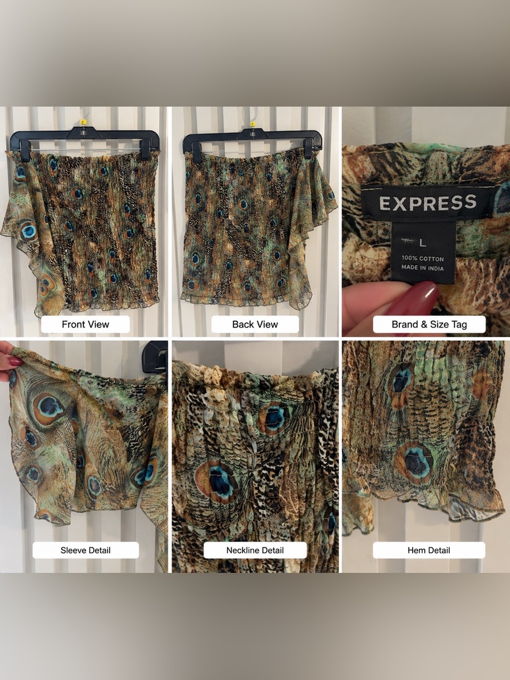 Express One-Shoulder Peasant Top - Peacock Print Green Brown Blue